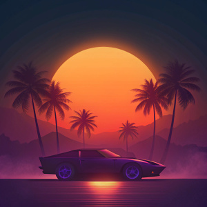 An album cover with a racing car, palm trees, and a tropical summer sunset.