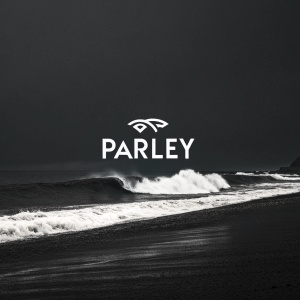 Minimalist logo for Parley. Brand name in modern sans-serif font centered on black background.