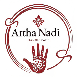 Bold logo for Artha Nadi Handicraft. Red hand symbol with 'Artha Nadi' above and 'Handicraft' below. Clean, stylish design