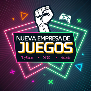 Logo for a new gaming company featuring a stylized fist. References to various gaming consoles in Spanish. Background is vibrant neon colors.