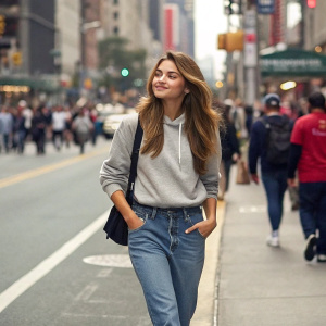Thylane Blondeau, a young model, walking down the street. Dressed in a casual outfit. Crowded cityscape backdrop