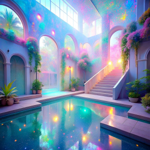  light soft pastel  futuristic dream garden pool windows Staircase light soft pastel clouds pool water    Dreamscape PRISM Effect transparent Holographic liquid  glitter  glam shine effects ultra intense crystal effect  glitter  Photoshop Photo Manipulations     very much glitter sparkly fantasized glam Sprinkle Bioluminescent  masterpiece  Magical   Shimmering  ultra  UV Glow Rainbow