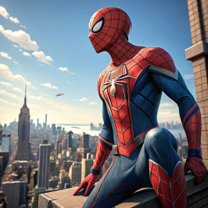 3D rendering of Spider-Man. Heroic pose against a vivid blue sky. Detailed red and blue web pattern. Cityscape in background.