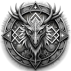 Nordic dragon-boat - pattern vegvisir symbol –  high-definition design grey and black, realistic tattoo design, white background