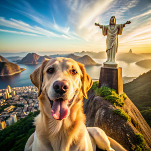 Um cachorro tirando selfie no Cristo redentor no rio de janeiro