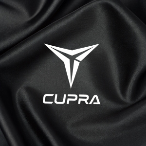 Cupra logo featuring an abstract white icon resembling a sharp geometric form or an animal's tail. The emblem is placed against a sleek black backdrop with the brand name 'Cupra' in bold, contemporary font.