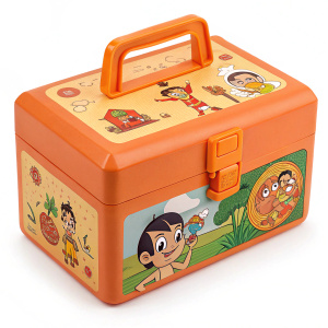 Packaging of Chota Bheem toy set. Bright orange box with cartoon characters, playful design.