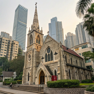 Kau Yan Church, an architectural marvel in the heart of Hong Kong. Gothic design, stone facade, arched windows, and a prominent spire amidst skyscrapers.