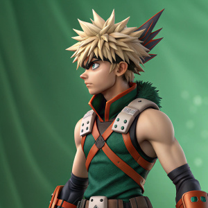 3D render of Bakugo from My Hero Academia. He stands with a determined expression. His spiky hair and serious face are clearly detailed. The render shows his clothes and accessories in crisp detail. Set against a green backdrop.