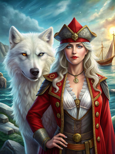 lobo blanco. A lado de una mujer pirata con cicatriz en el ojo, vestida solo de rojo, con armas en el cinturón, cuchillo y pistola, UN SOMBRERO de capitán PIRATA, chaqueta roja, camisa roja, fondo cielo azul, con barcos piratas