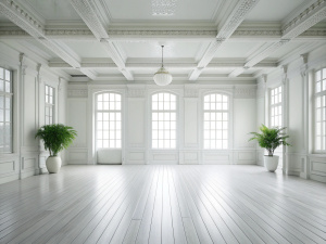 The empty room is decorated in white. 4K high quality photos