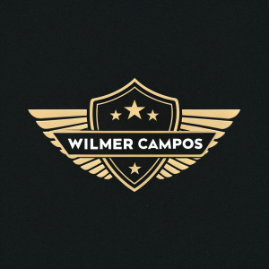 Logo for Wilmer Campos. Black background, stylized shield emblem with wing design, text 'Wilmer Campos' in bold font. Modern and graphic style, elements stand out