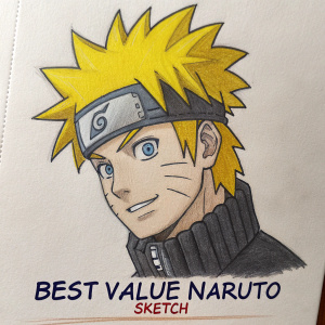 Hand-drawn sketch of Naruto. Bright yellow spiky hair. Detailed face. Plain white canvas background. Text reads 'Best Value Naruto Sketch'.