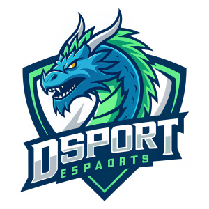 Digital artwork featuring an esports brand logo. Vibrant blue and green color scheme, bold font, mascot illustrated as a fierce dragon.