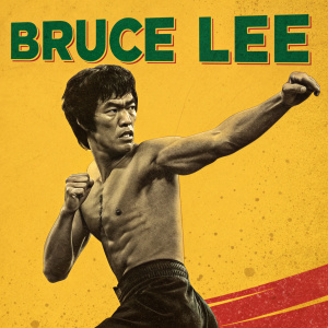 Bruce Lee's classic movie poster. Vibrant yellow background, green and red text. Portrays Bruce Lee in a fierce karate stance.