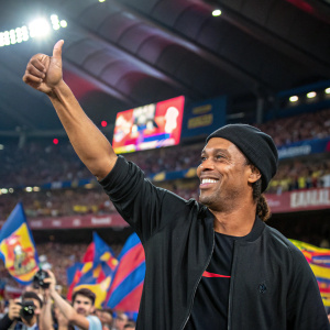 Ronaldinho, former soccer star, giving a thumbs up sign. Standing in a bustling stadium, surrounded by cheering fans and colorful banners.