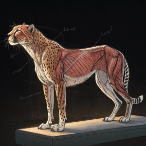 Detailed sketch of a cheetah's anatomy. Focus on muscle structure and tendons. Dark background, illuminated platform.