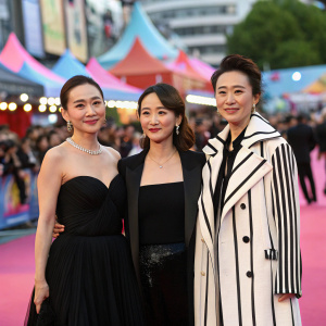 Bea Hayden Guo Bi-ting, Tiffany Chen Ming-Yin, and Jacky Heung Cho at a bustling outdoor film festival. Bea in a black evening gown, Tiffany in a black top, and Jacky in a white and black striped coat. Crowds and marquees visible in the background.