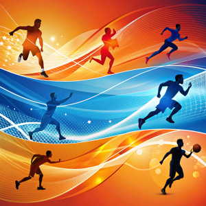 a dynamic and inspiring web banner for a sports school named "FitLife". The banner should be 336x280 pixels. Use a bright orange background with abstract blue and white lines and shapes to convey movement and energy. Include images of athletes engaging in various sports (running, football, gymnastics).