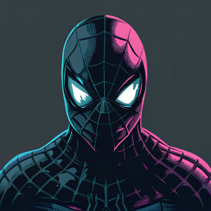 Close-up of Spider-Man's mask, intricate web patterns, intense expression, dark background with glowing highlights