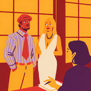 In an episode of 'Ugly Betty', a diverse cast gathers. Leading characters: a focused man in a cap, striped shirt, and a vibrant tie, a blonde woman in a white dress with a deep V-neck, and an Asian woman in a dark outfit with a statement necklace. They stand in a room with large windows.