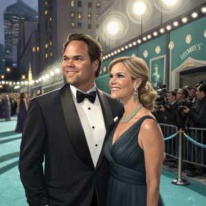 Mike Piazza and Alicia Rickter attending the Tiffany's gala. Dressed in formal attire. Flashy lights and crowd in background