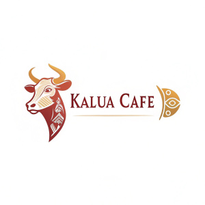 Kalua Cafe logo featuring a stylized ox head in warm hues. Minimalist design with clean text. Modern branding for easy recognition.