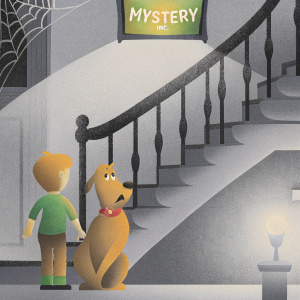 Scooby-Doo and Shaggy in a spooky mansion. Mystery Inc. logo visible on screen