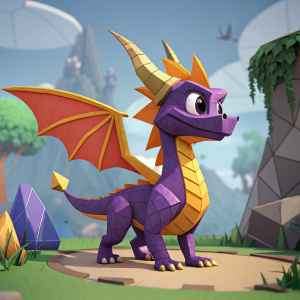 3D model of Spyro, the dragon from Spyro Reignited Trilogy. Brightly colored, polygonal design. Fantasy setting, digital illustration