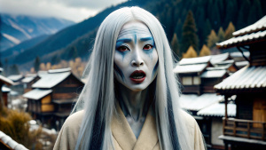 Yuki Onna criatura sobrenatural que habita en las montañas nevadas de Japon., Foto realista, RealVisXl, cuerpo completo,  hiperrealista, 4k, perfección en el rostro, fondo oscuro tenebroso aldeas alrededor relampagos. 