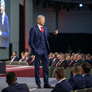 Arsene Wenger, wearing a navy suit and red tie, gives an impassioned speech at a football conference. Rows of attendees in the audience