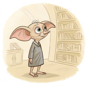 Digital illustration of Dobby from Harry Potter. Sketch style, light background. Dobby, with large ears and a simple gray outfit, standing in a cozy, magical library scene.