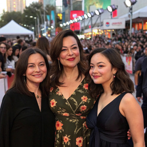 Patricia Tilly, Rebecca Tilly, Jennifer Tilly, and Meg Tilly at a bustling film festival. Crowds gathered around them.