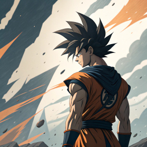 Digital artwork of Goku in Super Saiyan God mode. From behind perspective, spiky black hair, detailed costume design. Gray, orange, and beige abstract background