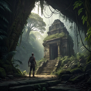 Concept art for 'Kong: Skull Island'. Digital illustration of a character standing in an ancient, moss-covered temple. Detailed stone textures and thick jungle vegetation. Dark, atmospheric lighting