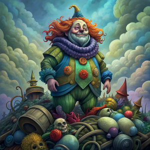 a haggard clown on a pile of junk