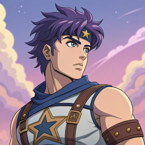 Jonathan Joestar from JoJo's Bizarre Adventure. A young male with blue eyes and purple hair. Wearing a chest plate with a star-shaped emblem and brown strap. Against a vibrant, animated background.