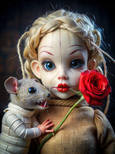 doll with sewn mouth and lips, young rat mummy, red rose light lips.