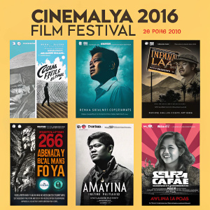 Cinemalaya 2016 Film Festival poster collage. Various film posters in a grid layout. Diverse artistic styles, bold graphics, and monochromatic themes. Vibrant and subdued elements together.