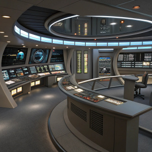 A detailed 3D model of the Star Trek Enterprise bridge. Numerous control panels and holographic displays fill the room. Futuristic design.