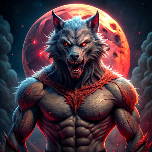 Angry muscular werewolf in the style of Zsofia Dankova, long legs and whole body muscular, posing with sharp claws out, full moon stary background, hyperdetailed, hyperdetailed ultradetailed realistic intricate beautiful portrait, sharp scary piercing gaze of red eyes, Scan Lines, Ray Traced, Ray Tracing Ambient Occlusion, Anti-Aliasing, FXAA, TXAA, RTX, SSAO, Shaders, OpenGL-Shaders, GLSL-Shaders, Post Processing, Post-Production, Cel Shading, Tone Mapping, CGI, VFX, SFX, insanely detailed