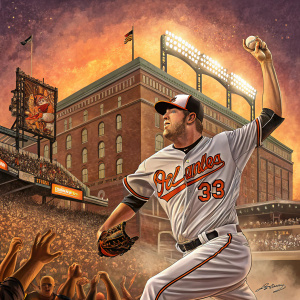 Chris Tillman in action, wearing Orioles jersey, playing baseball at Camden Yards. Crowded stadium with fans cheering