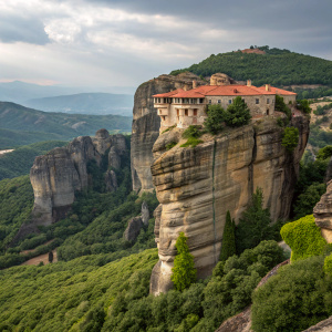 Steep cliffside with lush greenery at the base and towering rock formations in shades of gray and brown. Perched atop the edge are the Monastery of Varlaam and Great Meteoron with their distinctive red roofs. This awe-inspiring landscape is part of the Meteora region in Greece.