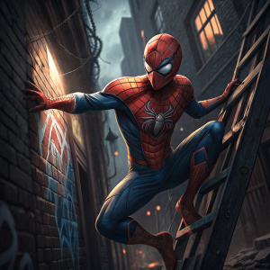 Peter Parker, aka Spider-Man, in an action pose, wearing iconic red and blue suit with spider emblem on chest. Dark urban alleyway background.