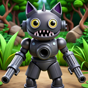 sci fiction roboter in black with monster head and guns in the forest