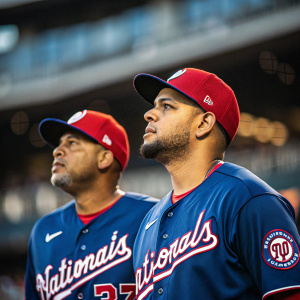 Aaron Sanchez and Keibert Ruiz, both Washington Nationals players, standing on the stadium field. They wear identical blue and red jerseys with the Nationals logo. The background is blurry, highlighting the players in focus.