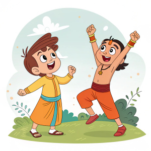 Chhota Bheem and his friend are in a playful mood. They are posing for a vivid illustration, their actions filled with joy and energy. The setting is a vibrant, colorful world, where their figures are drawn with bold, expressive lines.