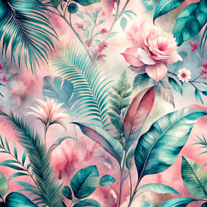 Pattern Seamless, Vector, Vintage Old Soft Colors, Shade Pink, Abstract Hand-Draw, Tropical Plants, Leaves and Flowers. White background