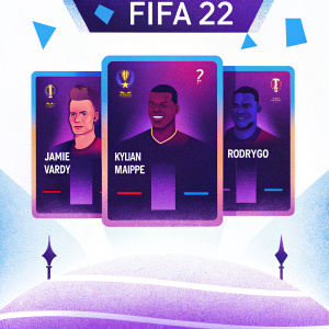 FIFA 22 promotional poster featuring Jamie Vardy, Kylian Mbappé, and Rodrygo. They stand against a dynamic digital background showcasing their stats.