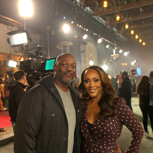 Gary Stretch and Vivica A. Fox on the set of a Hollywood blockbuster. Bright lights and crew in the background.